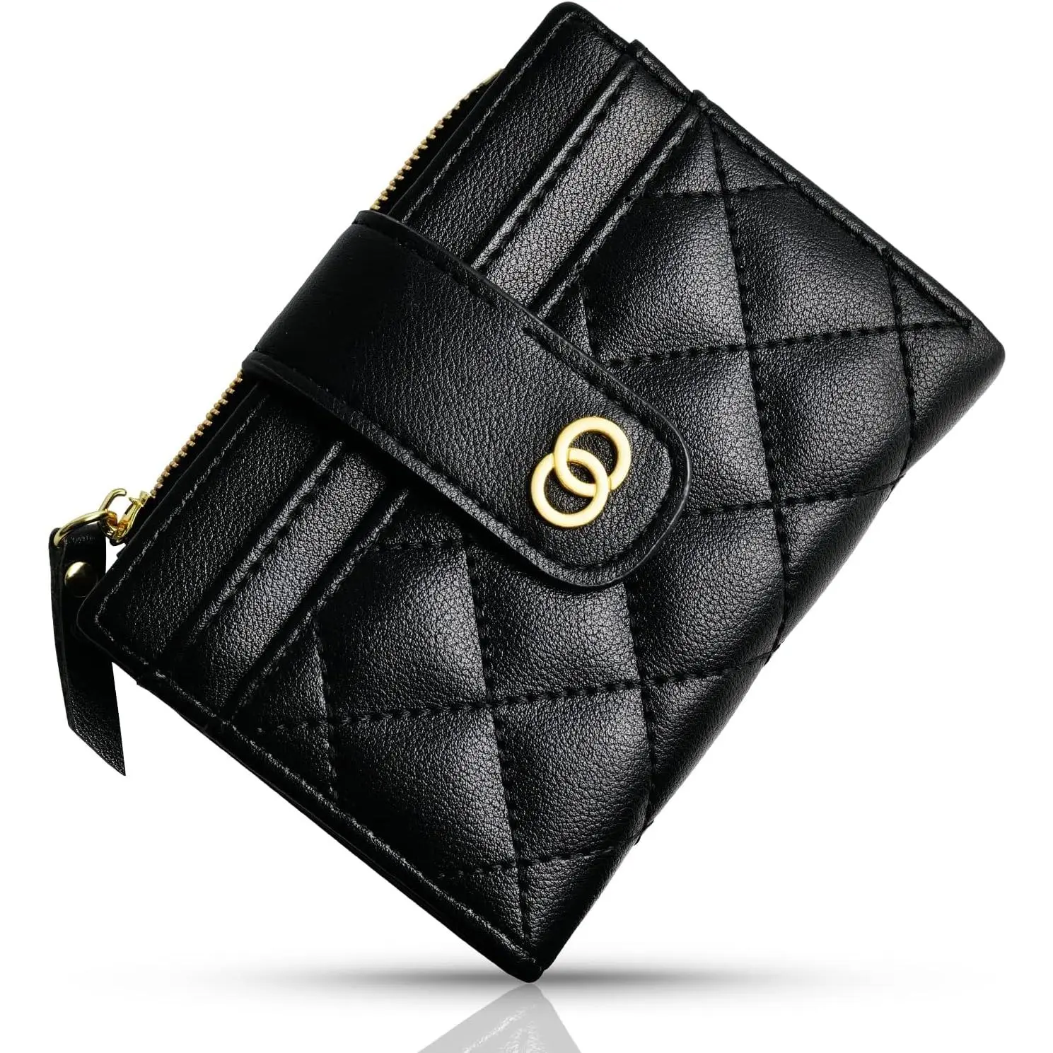 Small Wallet For Women- Credit Card Holder Wallet For Women Girls- Zipper Small Bifold Wallet Mini  Purse With ID Window (Black)