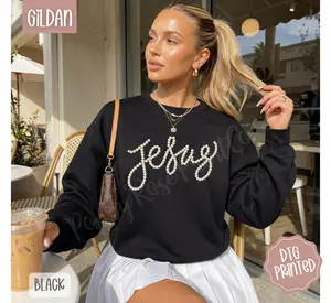 Faux Pearl Jesus Sweatshirt, Trendy Women's Religious Crewneck