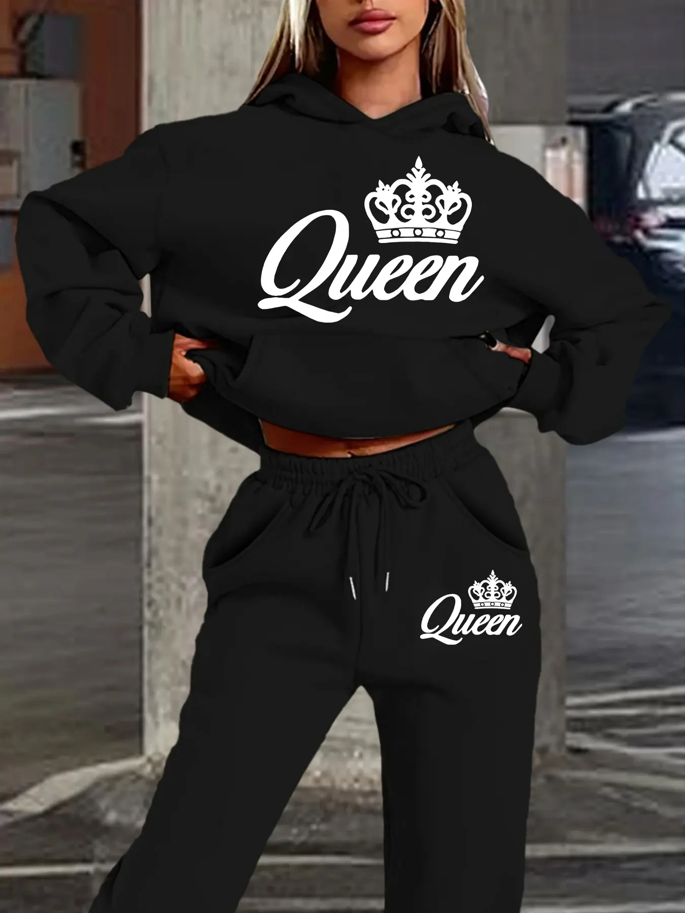 Women's Hooded Sweatshirt Set, Autumn Winter Queen Letter Crown Decoration, Elegant Casual Style, Simple Print, Daily Commute, Light Social Occasions