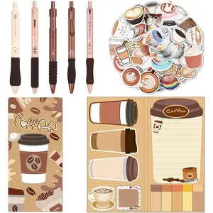 56 count Coffee Themed Gifts for Coffee Lovers Aesthetic Stationery Set Includes 5 count Black Ink Pens 1 Pad Sticky Note 50 count Stickers for Office School Supplies