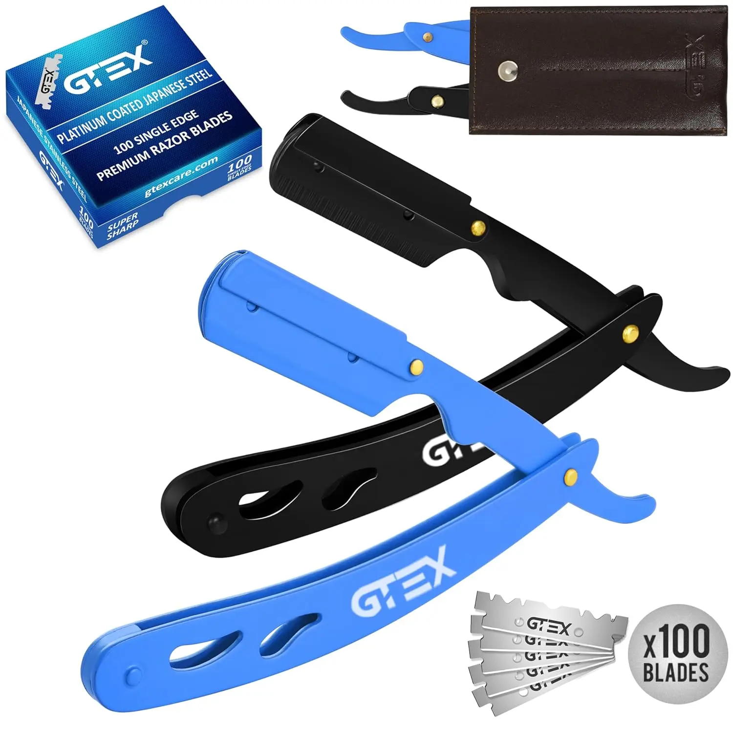 2 Straight Razor For Men (Blue Black), 100 Premium Blades (Japanese Steel) - 2Pack Straight Edge Razor 100 Platinum Razor Blade - Navajas Para Barbero - Barber Razor For Men, Beard Razor