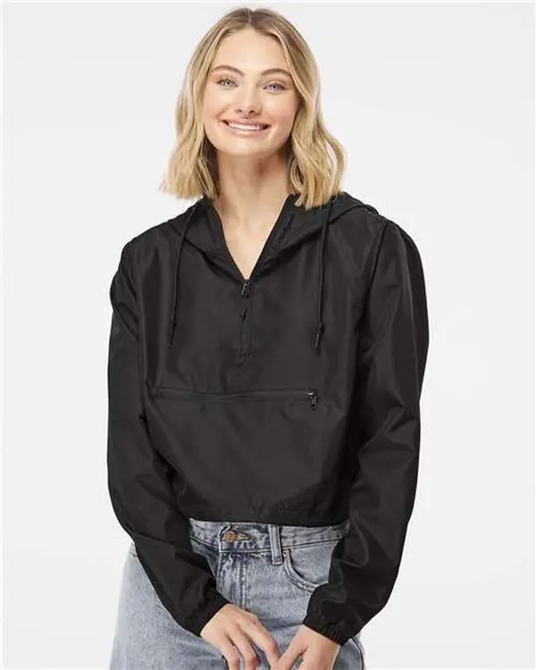 Independent Trading Co. EXP64CRP Women's Lightweight Quarter-Zip Pullover Crop Windbreaker