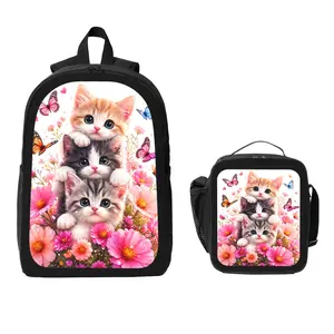 Colorful Adorable Cat Backpack and Lunch Bag Set Bundle Large Capacity Backpack with Insulated Lunch Tote Lightweight Durable Multi Pocket Design Comfortable Shoulder Straps Travel Daily Use Organizer Stylish Matching Set Unisex