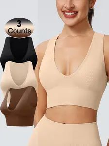 Women's Solid Deep V Neck Sports Bra, Breathable Comfortable Removable Chest Pads Crop Tank Top, Bras Women, Gymclothes, Ladies Sportswear for Indoor Outdoor Exercise Wear, Gym Clothes, Yoga Sports Bra