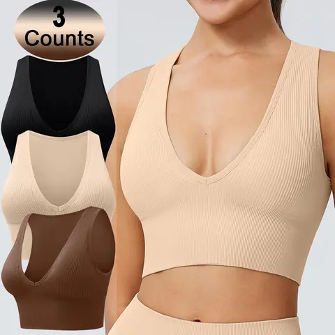 Women's Solid Deep V Neck Sports Bra, Solid Textured Bra, Breathable Removable Chest Pads Crop Tank Top, Sporty Breathable Bras, Gymclothes, Ladies Sportswear for Indoor Outdoor Exercise Wear, Yoga Sports Bra, Workout Daily Wear, Yoga Fitness Sportswear