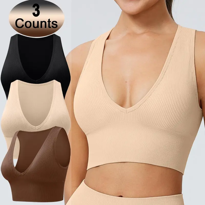 Women's Solid Deep V Neck Sports Bra, Solid Textured Bra, Breathable Removable Chest Pads Crop Tank Top, Sporty Breathable Bras, Gymclothes, Ladies Sportswear for Indoor Outdoor Exercise Wear, Yoga Sports Bra, Workout Daily Wear, Yoga Fitness Sportswear