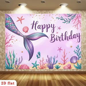2D Flat - 2D Flat - 1pc 2D Flat Happy Birthday Banner | Iridescent Mermaid Tail, Colorful Starfish, Seashells, Pink Underwater Background Polyester Backdrop For Party Decor, Farm, Garden, Home, Room, Club |