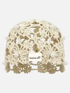 1 Women's Hollow‑Out Crochet Beanie, Women's Head Wrap Hat, Solid‑Color Slouchy Hat with Pearl Accents. Sleek and minimalist style, versatile for daily wear and fashion parties, breathable for spring, summer and autumn, with unique decorative details.