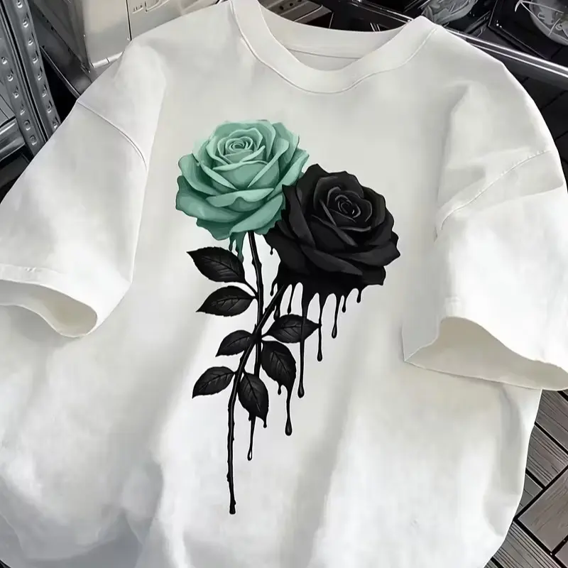 Women's Minimalist Color-Blocked Cotton Shortsleeve T-Shirt - Mint Green & Black Double Rose Ink Droplet Print Garment, Comfortable Dark Floral Design, Suitable for Casual Street Style & Daily Commutes