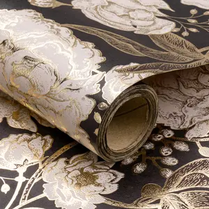 1 Roll Premium Wrapping Paper Vintage Black Gold Luxury Matte Gold Foil Peony Floral Exquisite Print Smooth Texture for Gift Box Birthday Christmas Wedding Valentine's Day Mother's Day Anniversary Florist Bouquet DIY Craft Party Decor