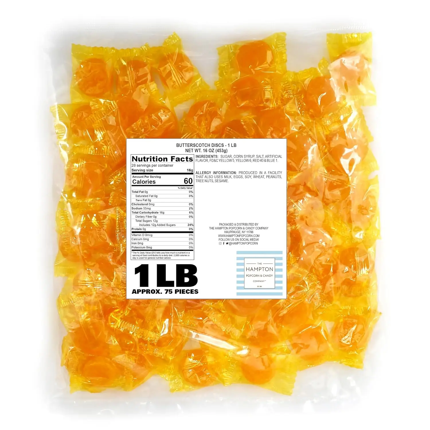 Butterscotch Hard Candy - 1lb Bulk Bag (Approx. 75 pcs) - Individually Wrapped Butterscotch Candy Discs - The Hampton Popcorn & Candy Company