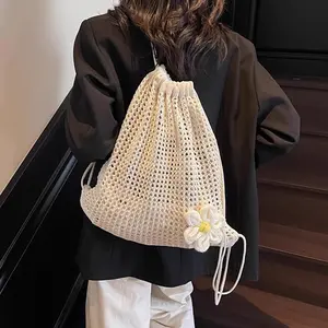 Stylish Floral Drawstring Backpack for Women with 3D Flower Design Spacious Woven Cinch Sack Bag Ideal for Daily Outdoor