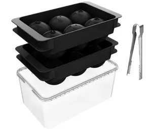 Lamesa Large Ice Cube Molds with Lid&Bin, 2Inch Whiskey Ice Mold for Space-saving, 2Pack Ice Cube Trays with Tong for Mini Fridge, Easy Fill & Release Round Ice Cube Molds for Whiskey Bourbon（Black）