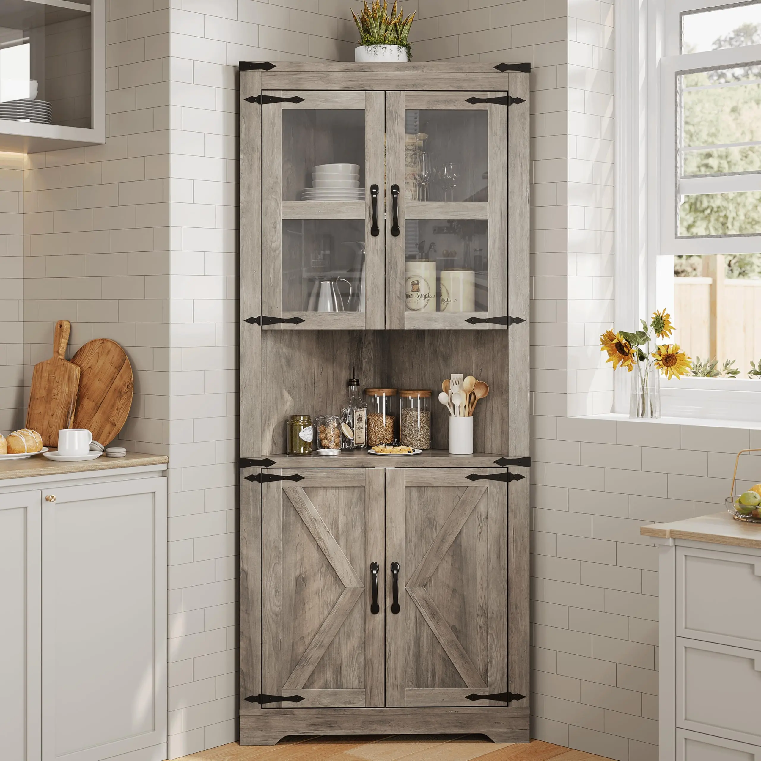 Farmhouse Tall Corner Cabinet with Glass Door, Adjustable Shelves, Space Saving for Bathroom, Kitchen, Living Room in Washed Grey