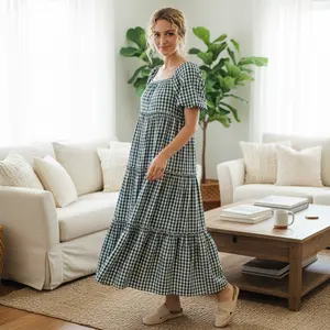 Women’s Boho Plaid Print Dress Casual Short Puff Sleeve Square Neck A-Line Dress Long Flowy Dress