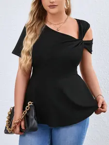2025 Summer Women’s Sexy Off-Shoulder Cross-Neck T-Shirt, Plus Size Solid Color Short Sleeve Pullover