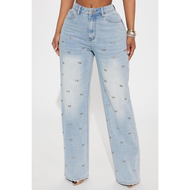 Emery Embellished Bow Straight Leg Jeans - Light Wash