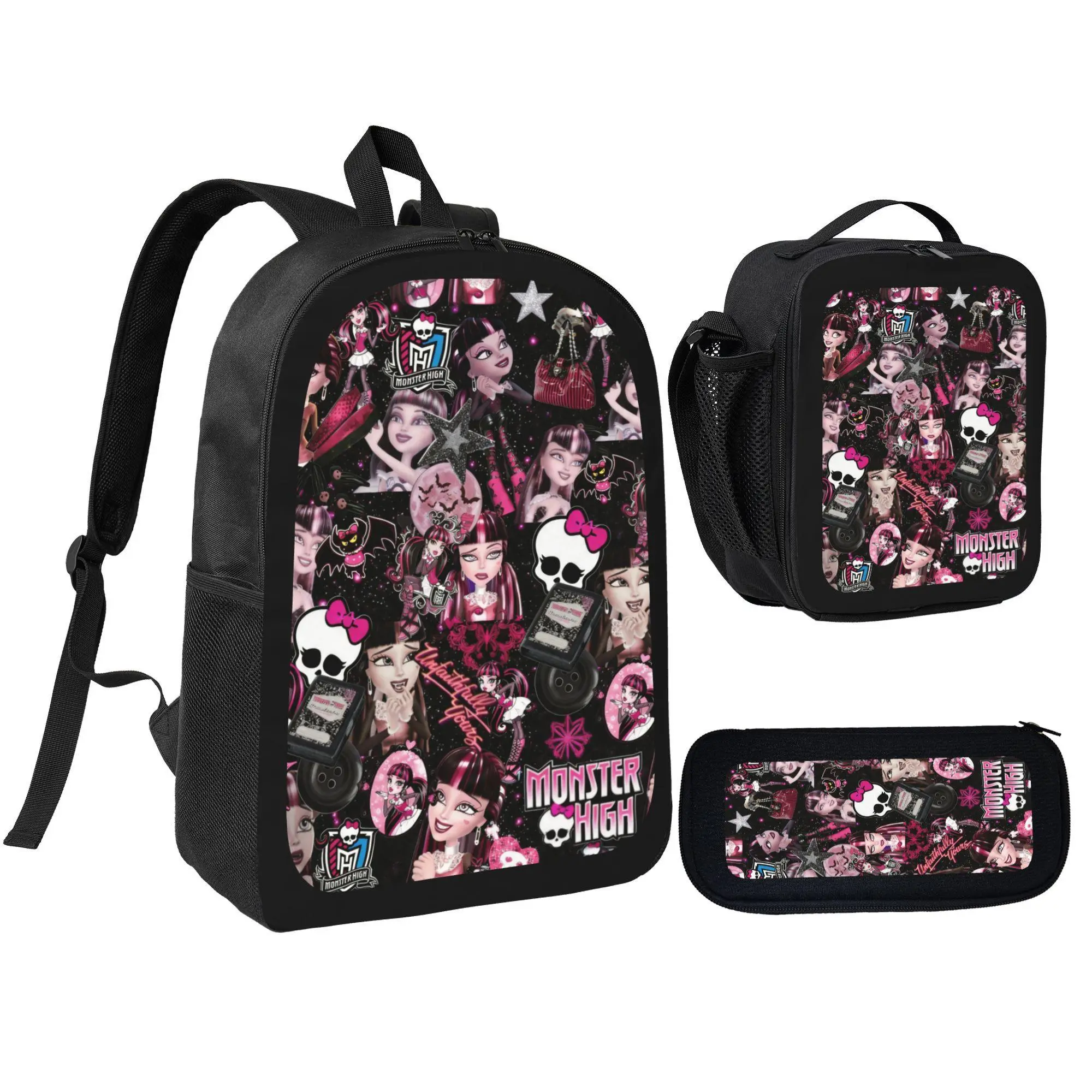 3Pcs Backpack Set Monster High Gothic Skull Girls Pattern With Lunch Bag Pencil Pouch School Bag For Teen Girls Students