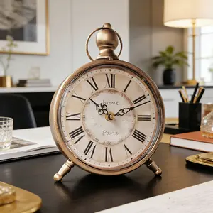 European Vintage Iron Clock, Paris Style Desk Decor, Bedroom Bedside Retro Clock, Modern Desktop Atmosphere Enhancer, Silent Movement
