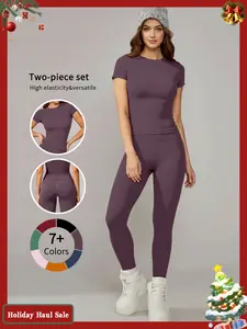 2PCS women's set, plain ribbed short sleeved top, long pants, elastic tight fit, casual sports fashion outfit, running, yoga, fitness High Waist Fitted Fitted