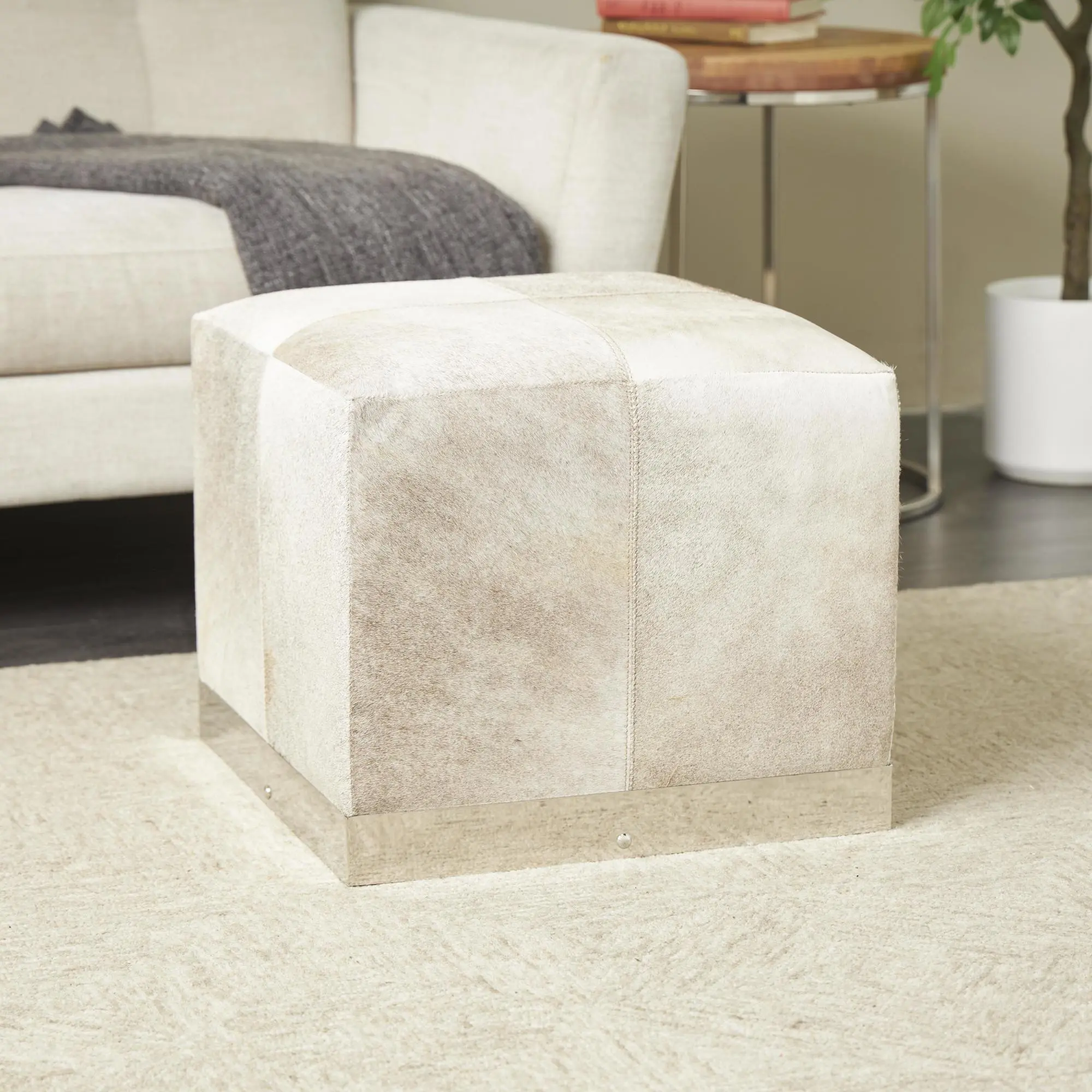 Gray Leather Patchwork Stuffed Pouf, Contemporary Footstool with Stainless Steel Base, 19.15l x 19.15w x 17.15h in, 200 lbs Weight Capacity, 18.89 lbs Weight, Bedroom Indoor Furniture Stool, 19.15L X 19.15W X 17.15H Inches