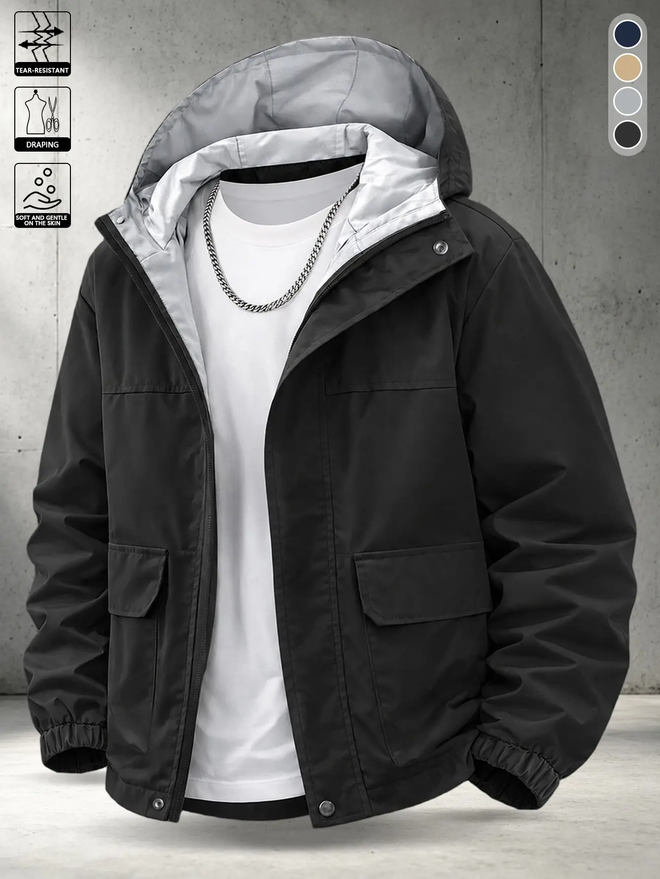 Men’s urban functional hooded jacket, spring/autumn model, front zipper closure, woven fabric, slim fit, long sleeves—suitable for commuting between work and home and for weekend shopping.