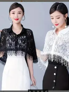 Elegant Lace Shawl Cape with Fringe, Polyester Fiber, Lace Sheer Shawl, Hollow Pattern, Elastic, Decorative Knit Shawl, Suitable for Mature Occasions