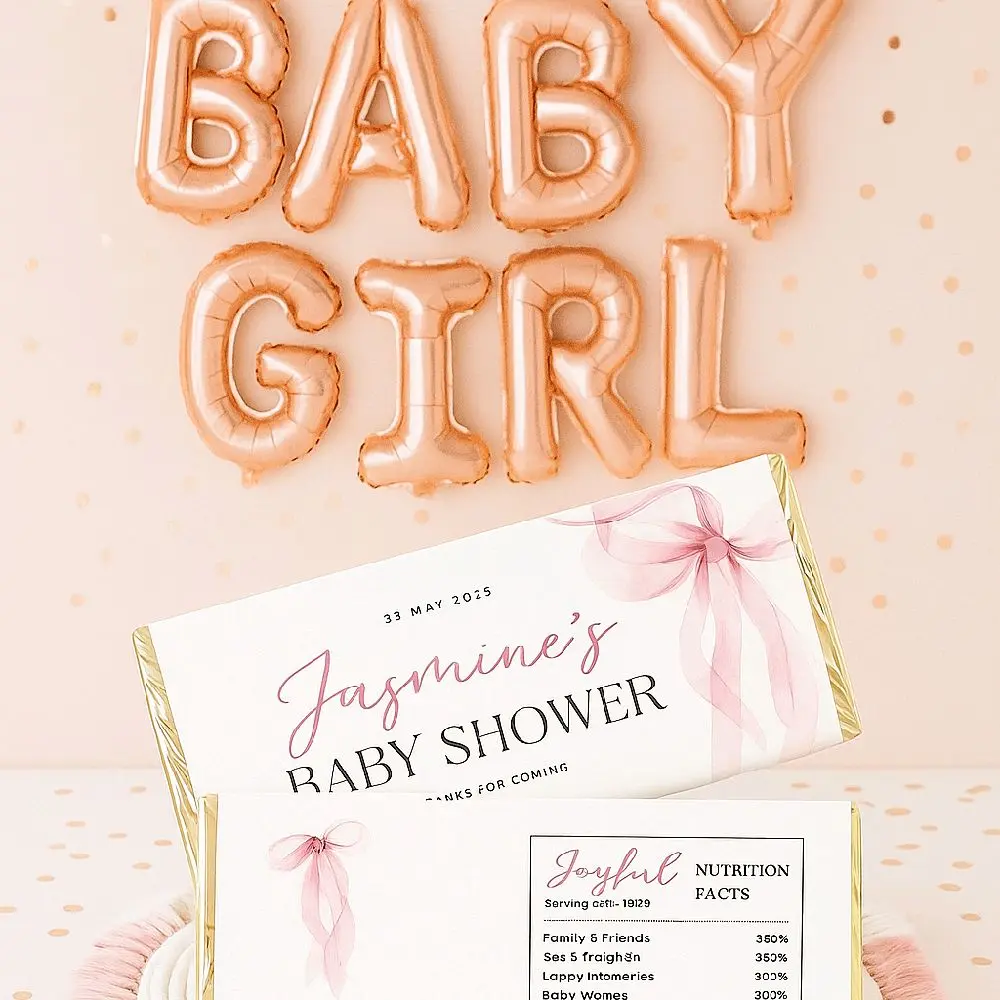 Customizable Personalized Baby Shower Candy Bar Wrappers - Elegant Pink Bow, Glossy Paper, High-Quality Digital Design, Easy to Assemble, Fits Standard-Size Hershey’s Bars, for Baby Girl Celebrations (Festive & Party Supplies for Display Tables), Party Fa