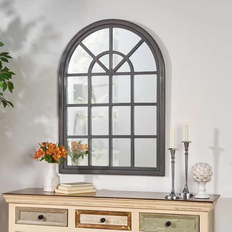 Rustic Arch Window Mirror with Wood Frame, Farmhouse Rust Grey Indoor Wall Decor for Bedroom, Living Room, Model 67057.00 Boxed Wooden Furniture
