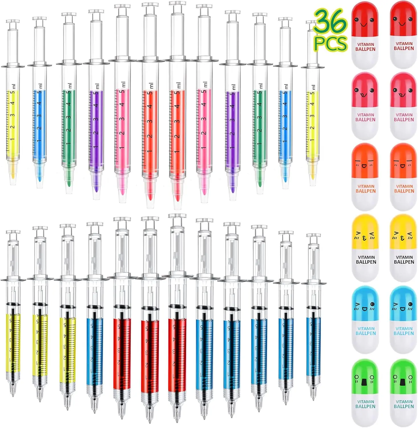 36PCS Syringe Pens Set – Novelty Nurse Pens, Retractable Multicolor Highlighter Pens for School & Party Favors