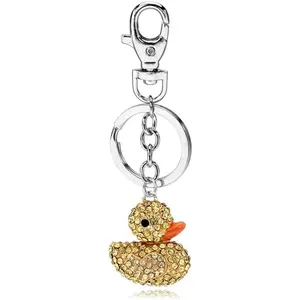 HY-KC030 Cute Rubber Ducky Keychain Pink Yellow Happy Duck Rhinestone Crystal Purse Keychain Gift For Women