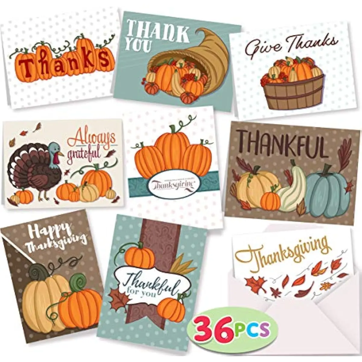 36Pcs Thanksgiving Cards Turkey Thank You Greeting Gift Pumpkin Cards for Fall Autumn Holiday Parties Celebrations, Harvest Wedding Dinner