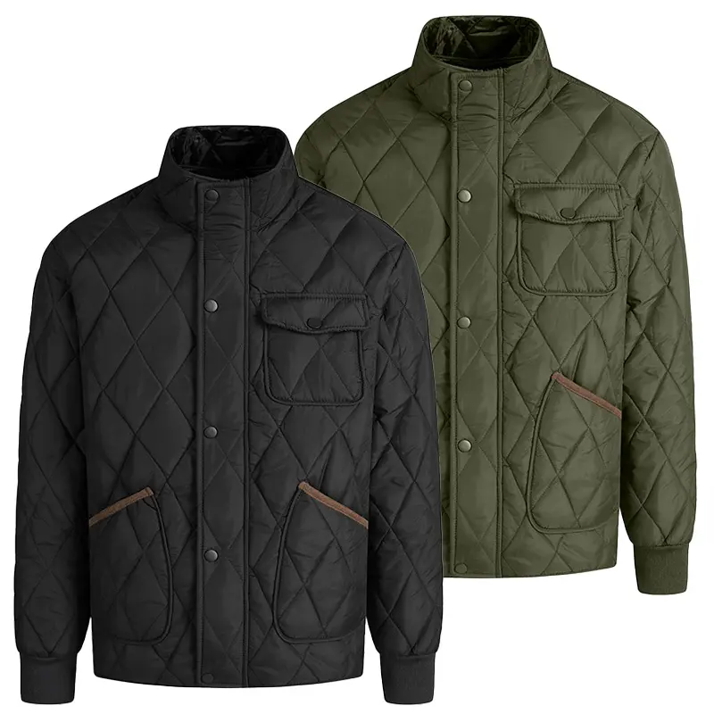 Men's Fleece Lined Quilted Jackets, 2-Pack or 1-Pack Options, Warm Comfortable Loose Fit, Stylish Diamond Quilting with Stand Collar and Snap Front, Versatile Casual Outerwear with Pockets for Fall Winter, Work and Travel woven fabric