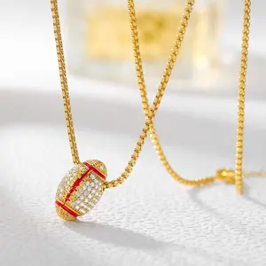 Sparkly Sports  Zirconia Soccer Baseball Football Pendant Chain Trendy JewelrySoccer Lover Gold-Plated Cuban Link Necklace