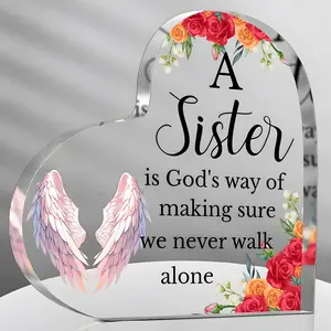 Heart Shaped Acrylic Ornament, 1 Count Flower & Wings Pattern Desktop Decoration, Novelty Desk Decor, Sister Birthday Gift, Home Decor Supplies for Living Room Bedroom, Acrylic Plaque