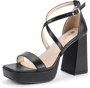 IDIFU Platform Heels for Women High Strappy Chunky Block Square Toe Heels Sexy Wedding Dress Shoes Open Toe Ankle Strap Heeled Sandals Comfortable Thick Heels - Half Size Larger
