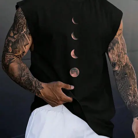 Men's Moon Print Wide Shoulder Vest, Regular Fit Casual Sleeveless Graphic Tank Top for Summer, Men's Top for Daily Wear, Menswear, Casual Streetwear Top, Casual Street Style