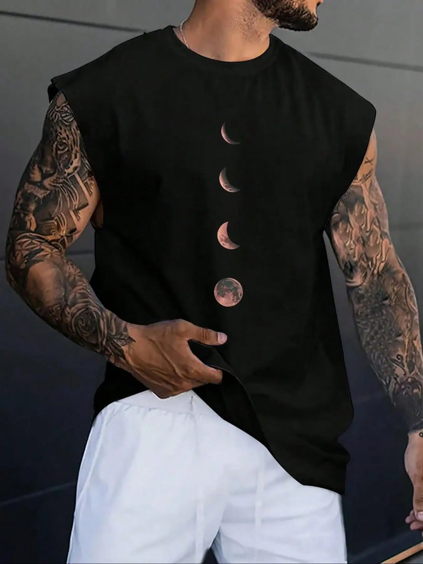 Men's Moon Print Wide Shoulder Vest, Regular Fit Casual Sleeveless Graphic Tank Top for Summer, Men's Top for Daily Wear, Menswear