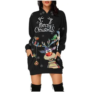 2025 autumn and winter new European and American women's long sleeved sportswear dress Christmas reindeer print hooded dress