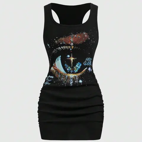 Women's Vintage Bad Girl Street Style Star Print Tight Sleeveless Mini Dress, Womenswear, Casual Fashion, Perfect for Daily Wear and Parties, Boho Casual Summer Sundress, Casual Boho Sundress, Bohemian Style Dresses, Bohemian Style Sundresses