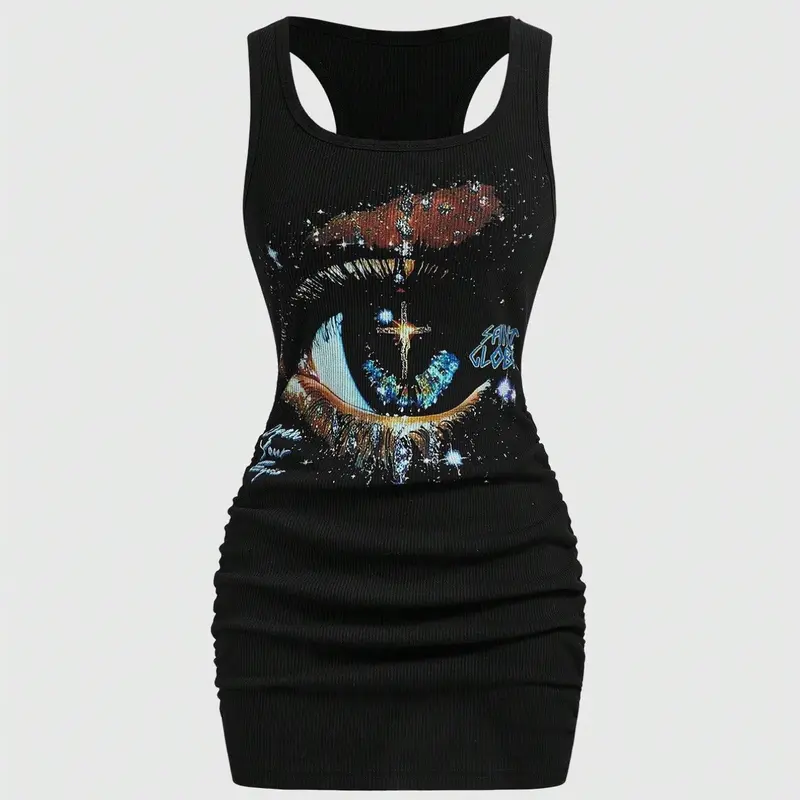Women's Vintage Bad Girl Street Style Star Print Tight Sleeveless Mini Dress, Womenswear, Casual Fashion, Perfect for Daily Wear and Parties, Boho Casual Summer Sundress, Casual Boho Sundress, Bohemian Style Dresses, Bohemian Style Sundresses