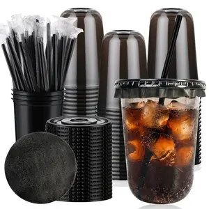 Plastic 100-Piece Disposable Cups Drink Pack - Lightweight Disposable Tableware Set with Cups, Lids, Straws, Leak-Proof Sealing Rings, Suitable for Parties, Gatherings