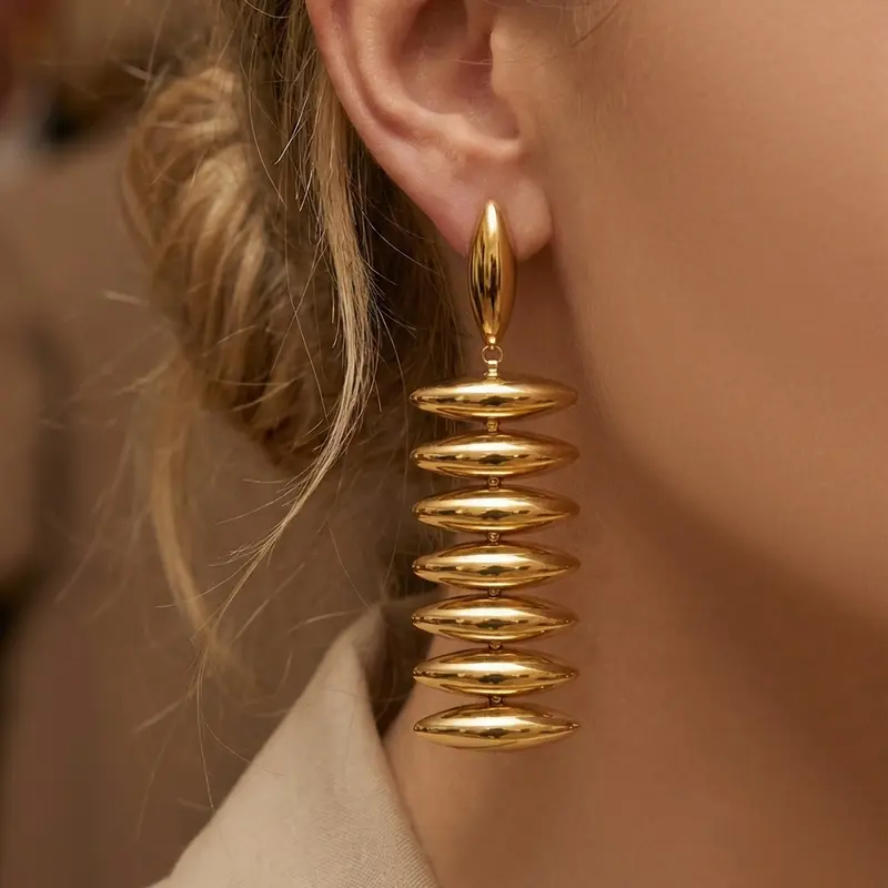 Women's Stainless Steel Long Geometric Earrings, Drop Dangle Earrings, European & American Style Trendy Jewelry, Unique Design Ear Accessories