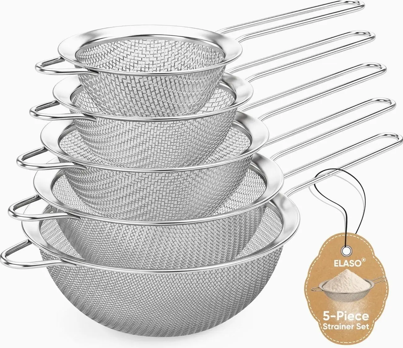 Fine Mesh Strainer Set 5 Pack, Stainless Steel Mini Small & Medium Sieves Colanders, Multipurpose Sifter Strainer for Tea, Pasta, Juice & Baking
