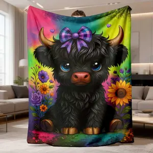 Super Soft Anti-Static Highland Cow Flannel Blanket with Vibrant Floral Design 30x40 to 60x80 inches Perfect for Sofa Beds or Offices Ideal Gift for All Seasons