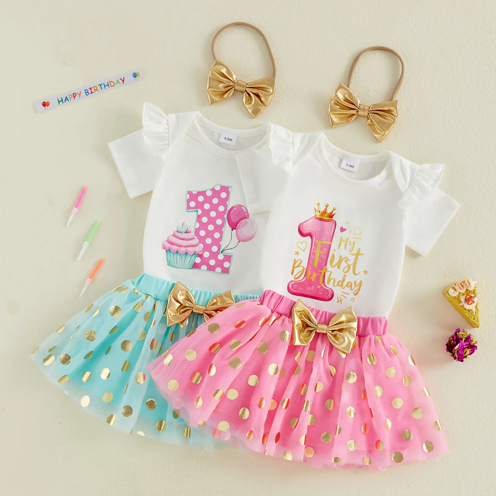 Infant Baby Girl Birthday Clothing Set Cute Short Sleeve Balloon Printed Romper with Tulle Skirt Headband Outfit