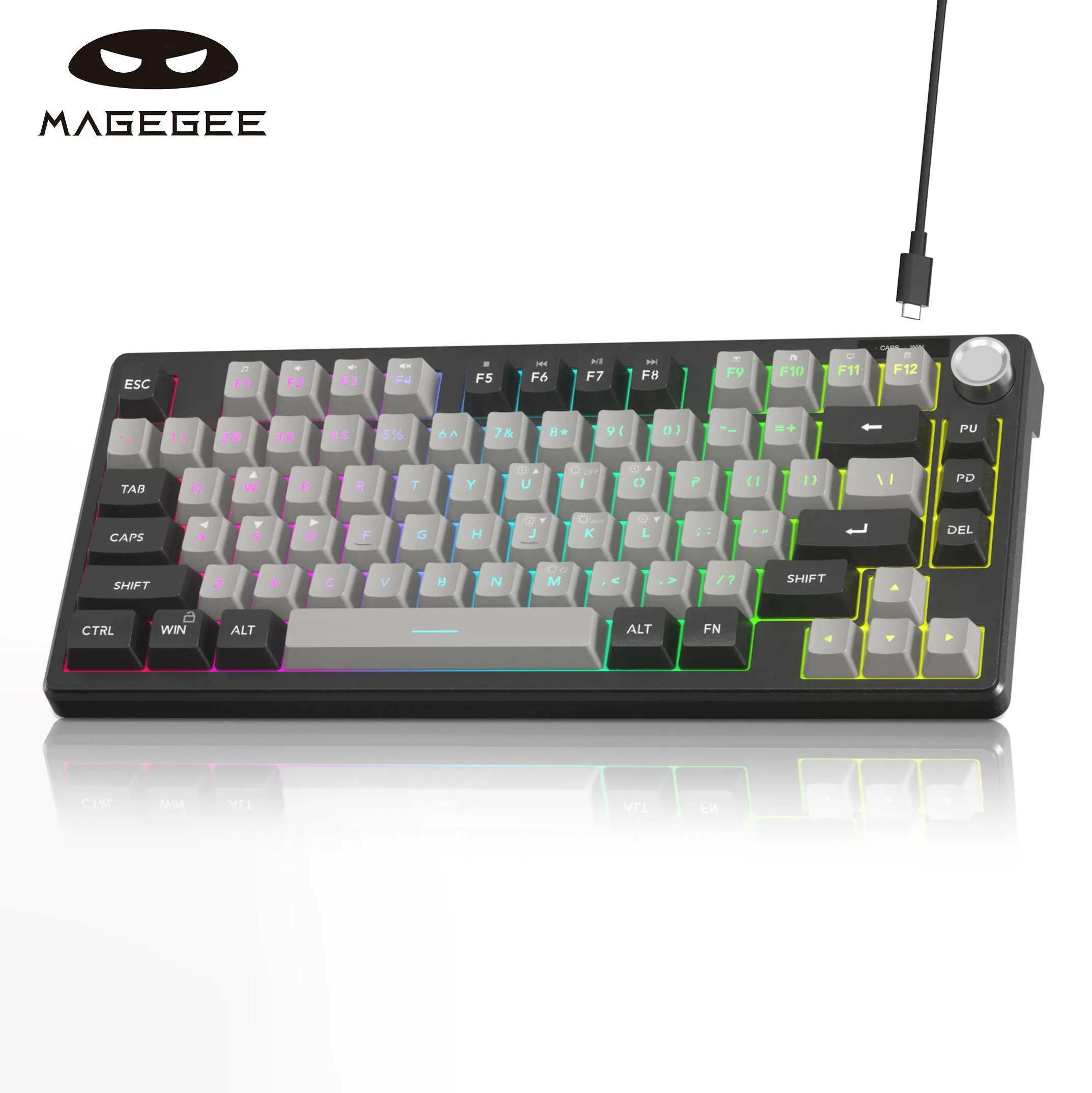 MageGee TS75 60% Ultra-Compact 75-Key Wired Membrane Gaming Keyboard - Aesthetic, Ergonomic Design, Backlit LEDs, Knob Volume Control, IPX4 Splash-Safe, Easy Clean, Multi-Device Compatible, Business & PC Accessory, Gamer Gift for Adults, Aesthetic Keyboar