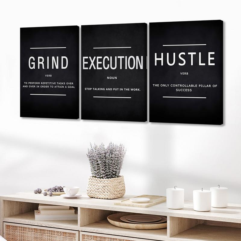 3pcs Wooden Framed Canvas Wall Art, GRIND, EXECUTION, HUSTLE Modern Classic Art Deco Style, Waterproof & Odorless HD 8K Print, Indoor/Outdoor Home Decor for Living Room, Bedroom, Office - Perfect Gift for Friends & Family