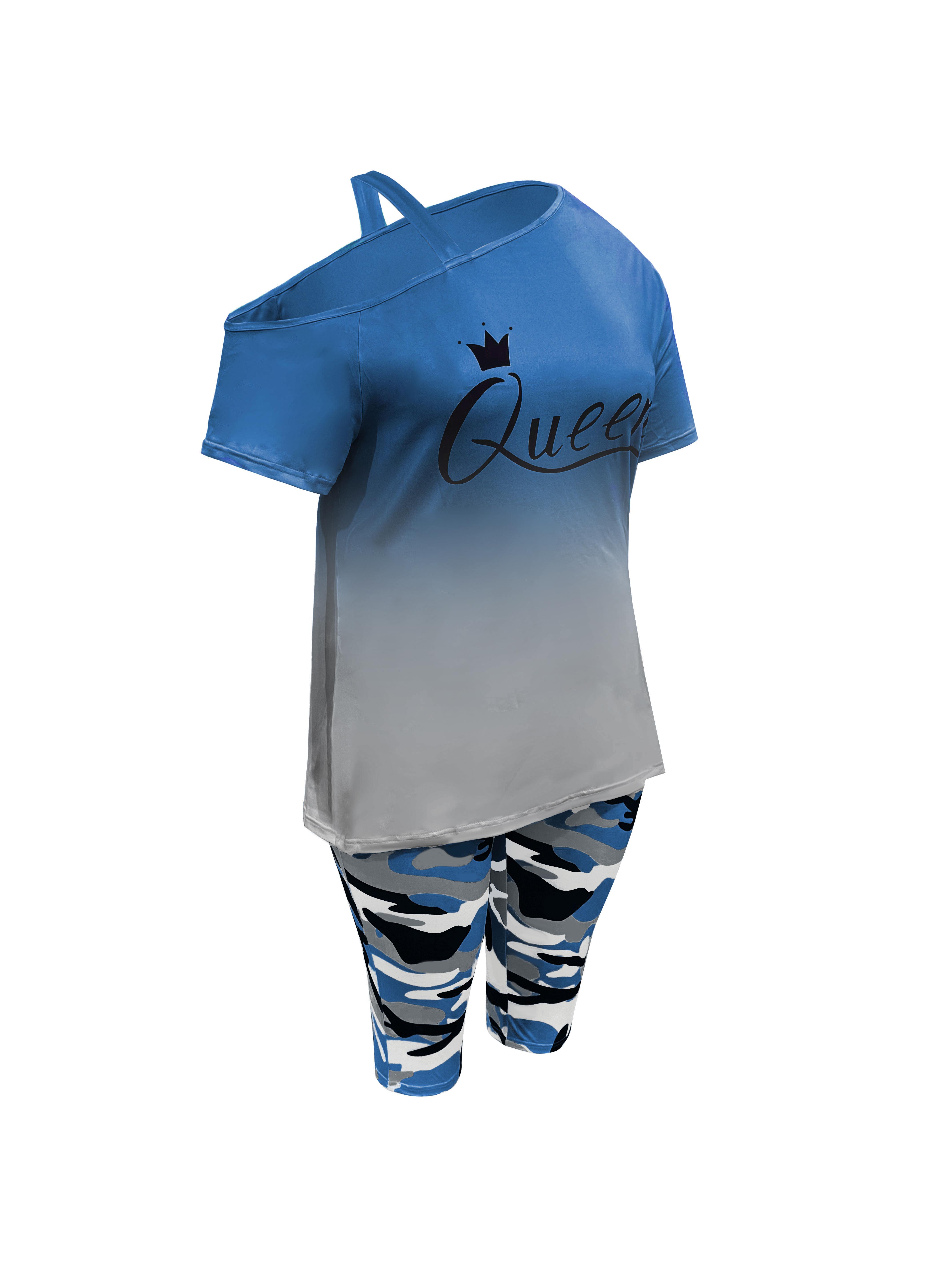 Women's 2-Piece Casual Chic Cowl Neck Shortsleeve Outfits - "Queen" Lettering Camisole, Camouflage Shorts, Casual Vacation Wear, Casual Chic Set