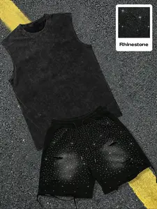 Y2K Street Style Rhinestone Top & Shorts Set, Unisex Two-Piece Hip Hop Casual, Summer Fitted Sportswear